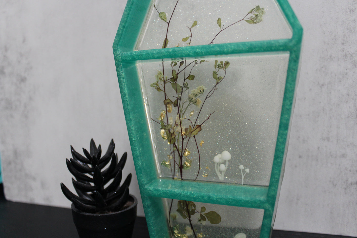 Coffin Shaped Mini Shelf - Green and Clear with Mushies and Florals