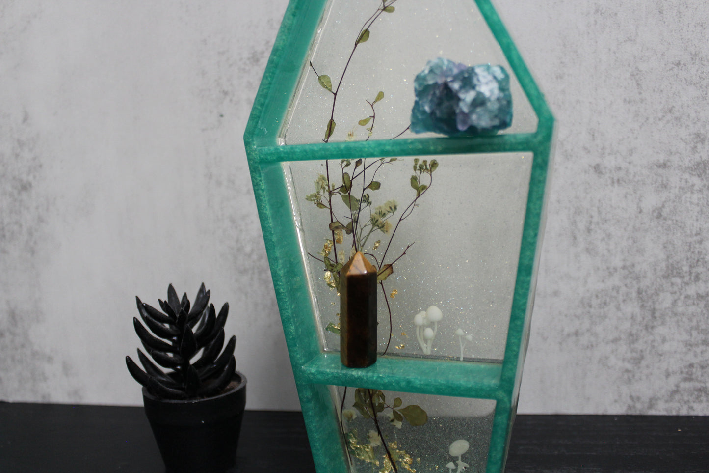 Coffin Shaped Mini Shelf - Green and Clear with Mushies and Florals