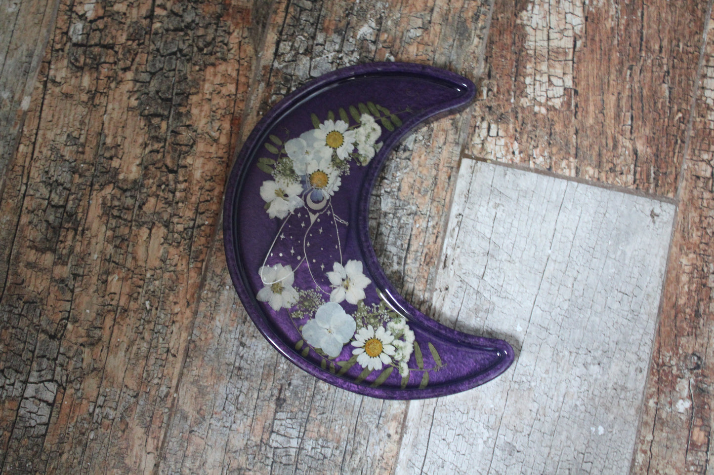 Crescent Moon Shaped Tray - Purple Tray with Silver Moth and White Flowers