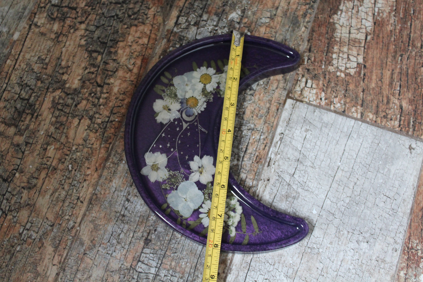 Crescent Moon Shaped Tray - Purple Tray with Silver Moth and White Flowers