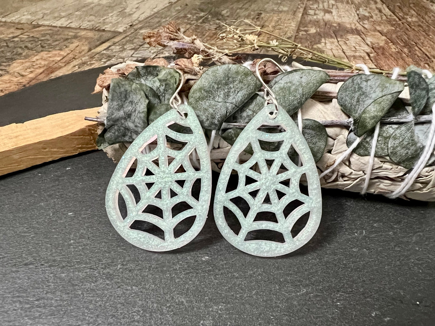 Spiderweb Drop Earrings in Ghost Green
