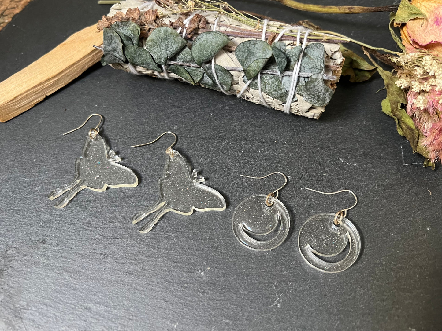 Luna Moth & Crescent Moon Drop Earrings Set in Sparkly Clear