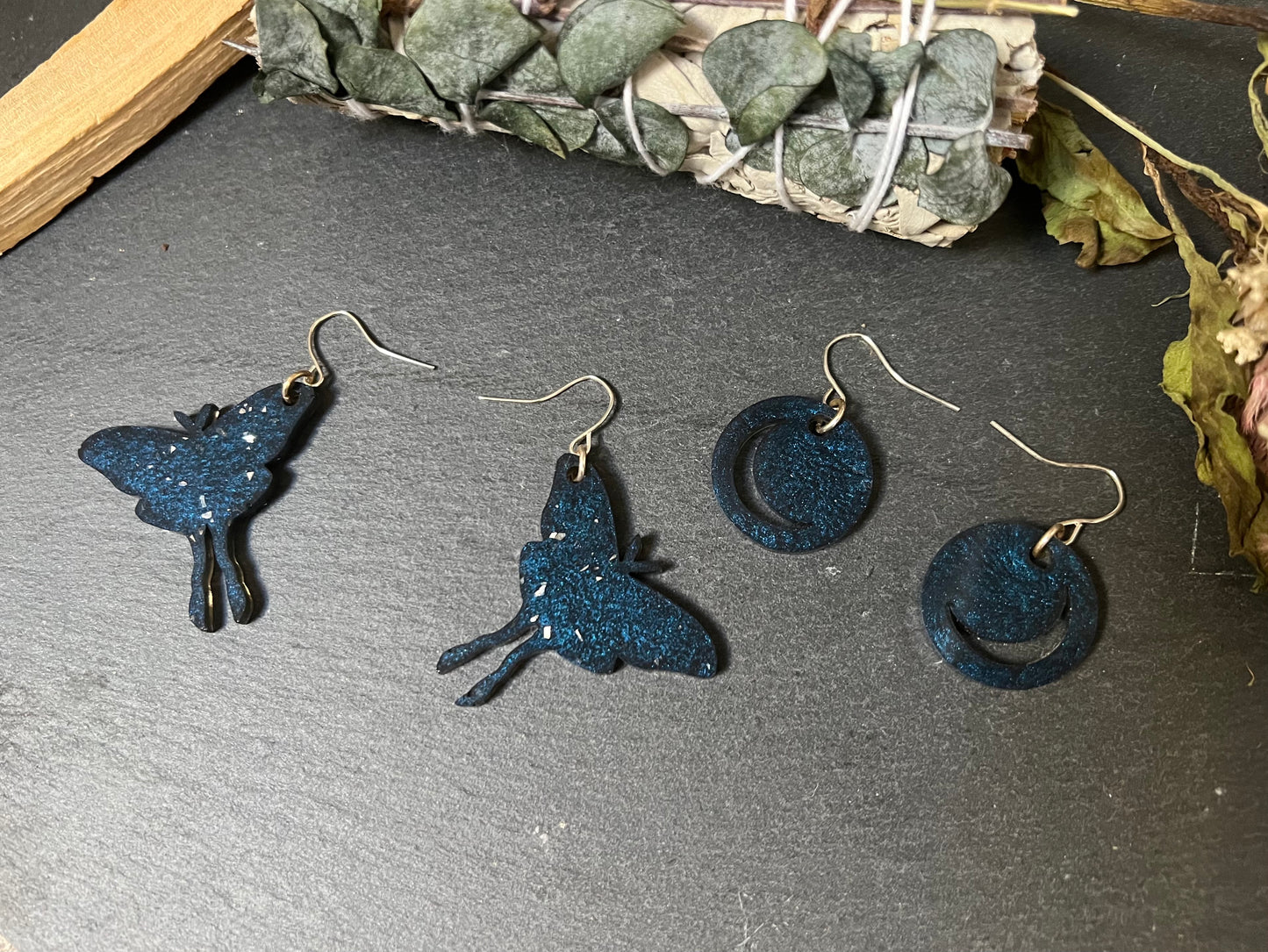 Luna Moth & Crescent Moon Drop Earrings Set in Navy