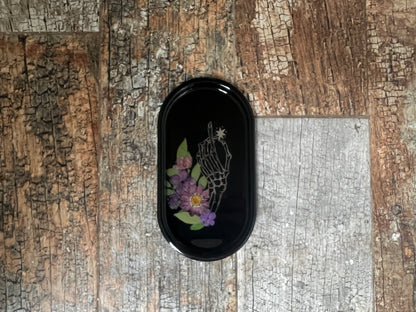 Black Tray with Silver Skeleton Hand and Flowers