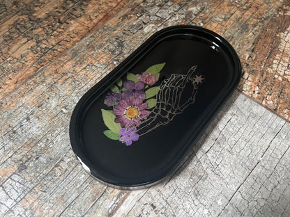 Black Tray with Silver Skeleton Hand and Flowers