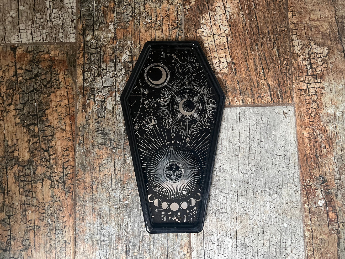 Coffin Shaped Resin Tray - Black with Silver Celestial Design