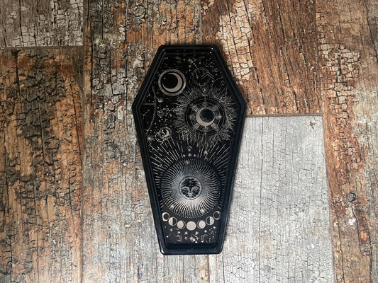 Coffin Shaped Resin Tray - Black with Silver Celestial Design