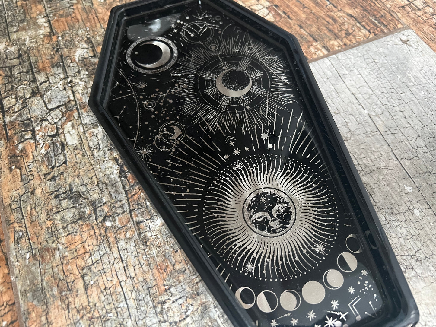 Coffin Shaped Resin Tray - Black with Silver Celestial Design