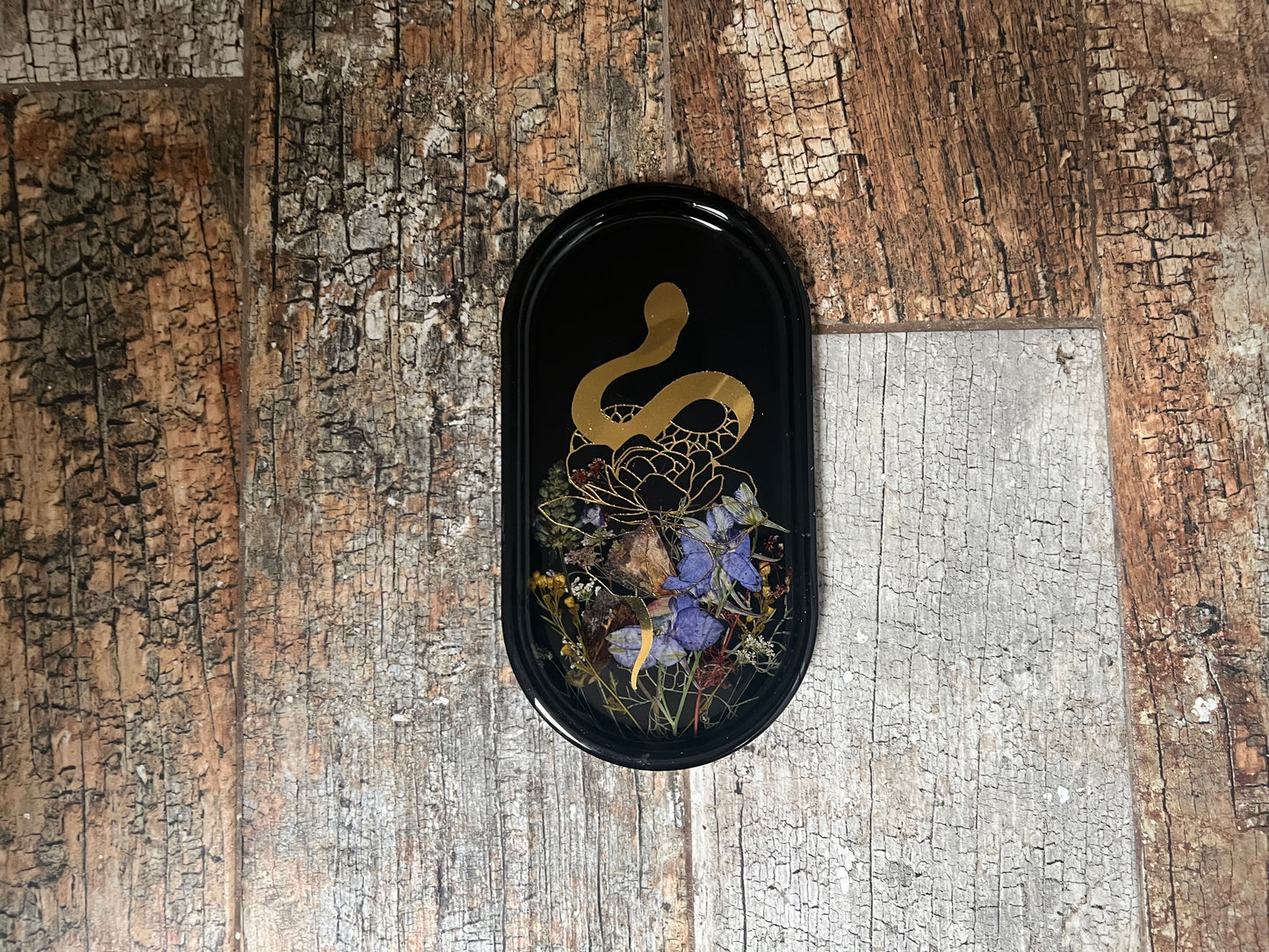 Black Tray with Gold Snake Design and Pressed Flowers