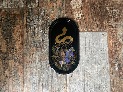 Black Tray with Gold Snake Design and Pressed Flowers