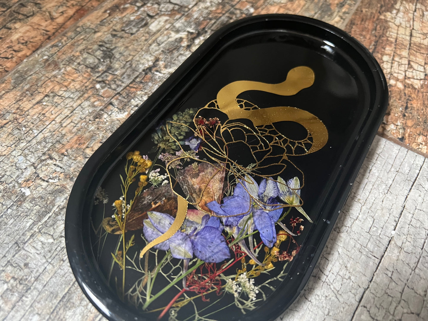 Black Tray with Gold Snake Design and Pressed Flowers