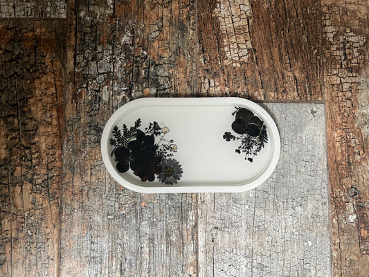 White Tray with Pressed Black Flowers