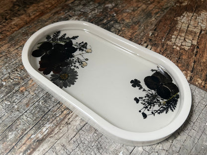 White Tray with Pressed Black Flowers