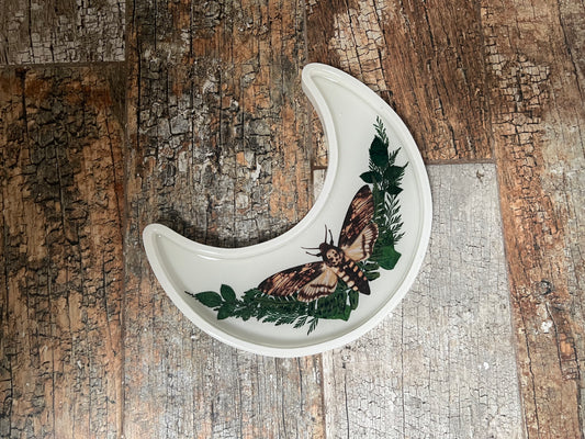 Crescent Moon Shaped Tray - White with Deathhead Hawk Moth