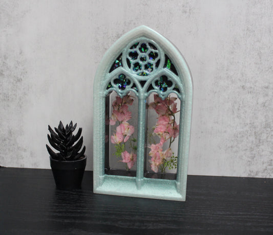 Cathedral Window Mini Shelf - Ghost Green and Black with Pink Florals