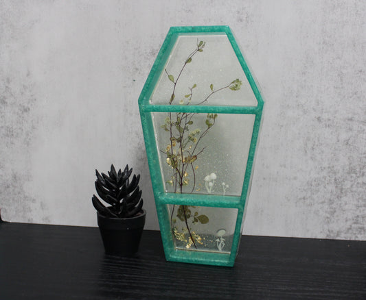 Coffin Shaped Mini Shelf - Green and Clear with Mushies and Florals