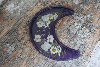 Crescent Moon Shaped Tray - Purple Tray with Silver Moth and White Flowers