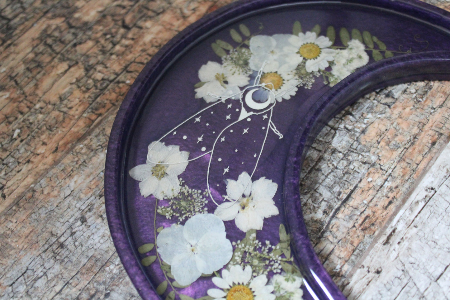 Crescent Moon Shaped Tray - Purple Tray with Silver Moth and White Flowers