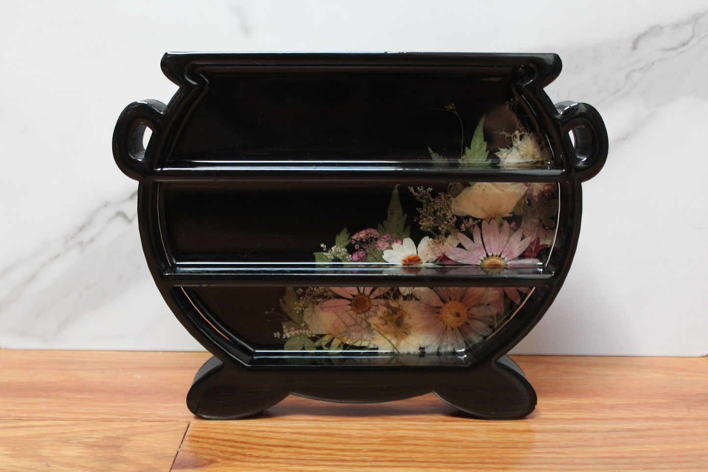 Cauldron Shaped Mini Shelf - Black with Pink & White Flowers