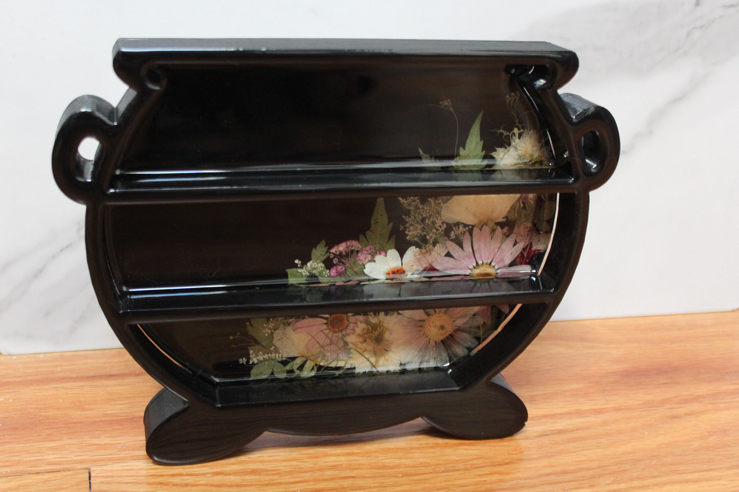 Cauldron Shaped Mini Shelf - Black with Pink & White Flowers