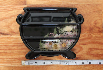 Cauldron Shaped Mini Shelf - Black with Pink & White Flowers