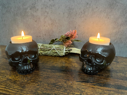 Skull Shaped Tealight Candle Holders - Black