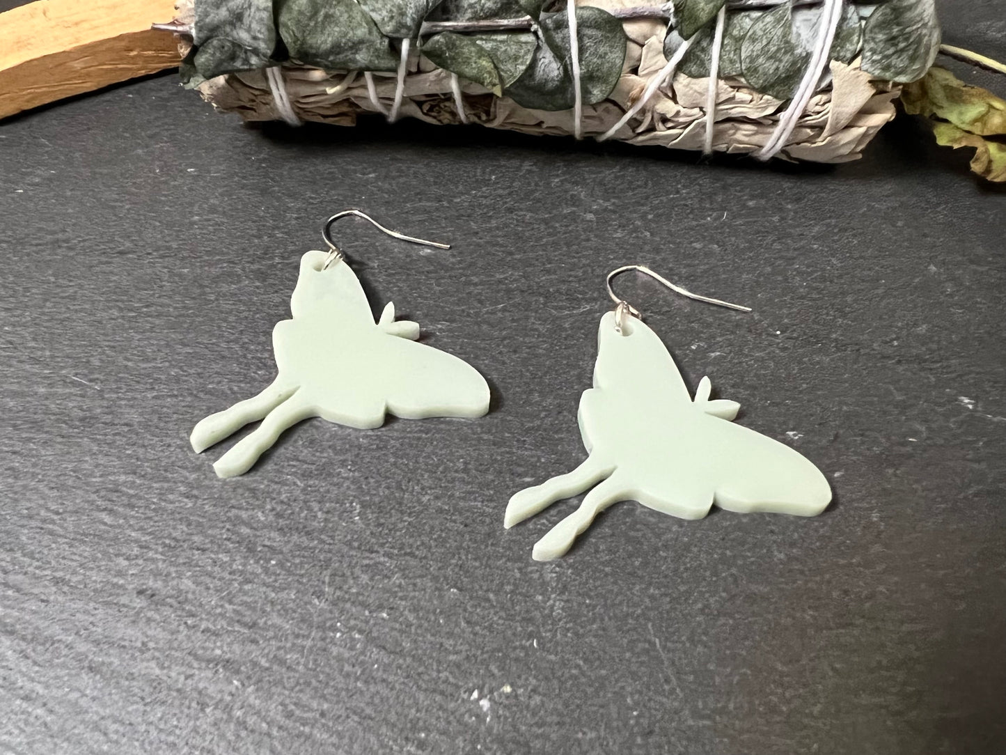 Luna Moth Drop Earrings in Sage Green