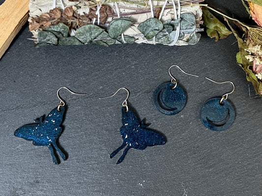 Luna Moth & Crescent Moon Drop Earrings Set in Navy