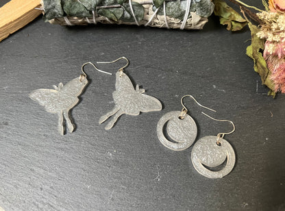 Luna Moth & Crescent Moon Drop Earrings Set in Silver