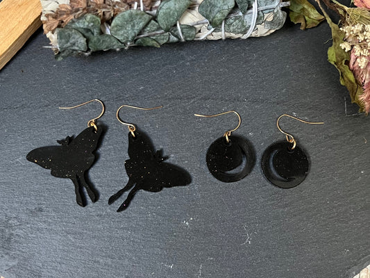 Luna Moth & Crescent Moon Drop Earrings Set in Sparkly Black