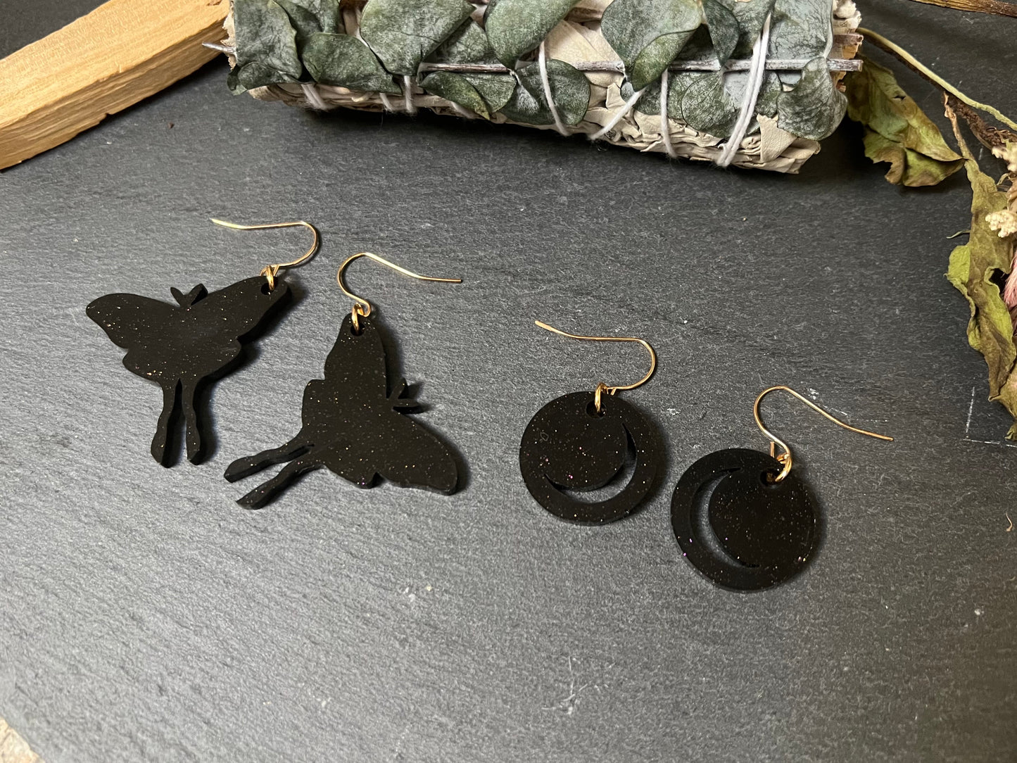 Luna Moth & Crescent Moon Drop Earrings Set in Sparkly Black