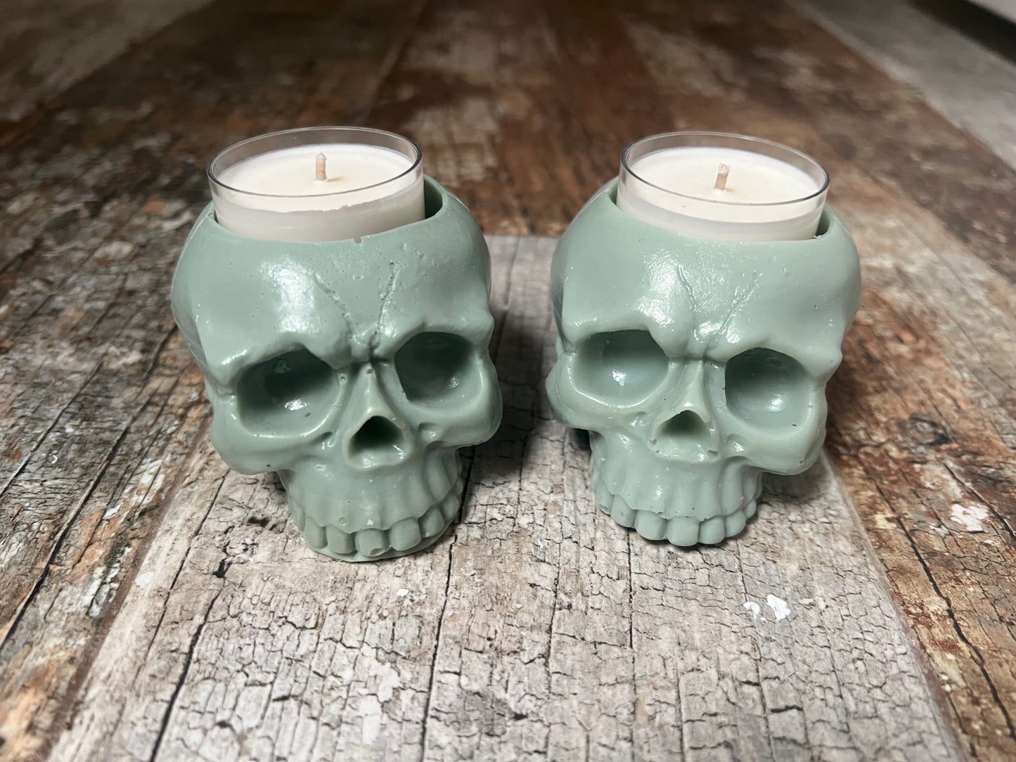 Skull Shaped Tealight Candle Holders - Sage Green